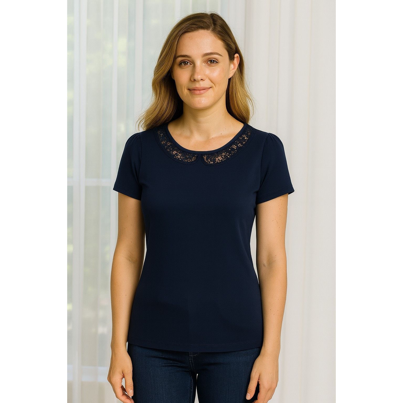 Marcs Marc’s Navy Blue Lace Neckline Top | Short Sleeve Viscose Te Size S / US 4 / IT 40 - 3 Thumbnail