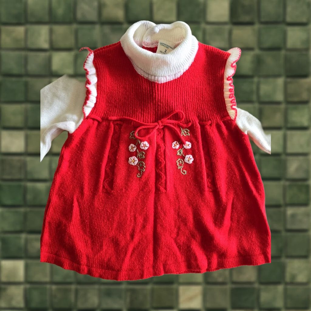 JCPenney VINTAGE Toddle Time 2T Red Dress Girls Long Sleeve Spring Flowers Ruffles 70s 80s JC Penney White Acrylic Size ONE SIZE - 1 Thumbnail