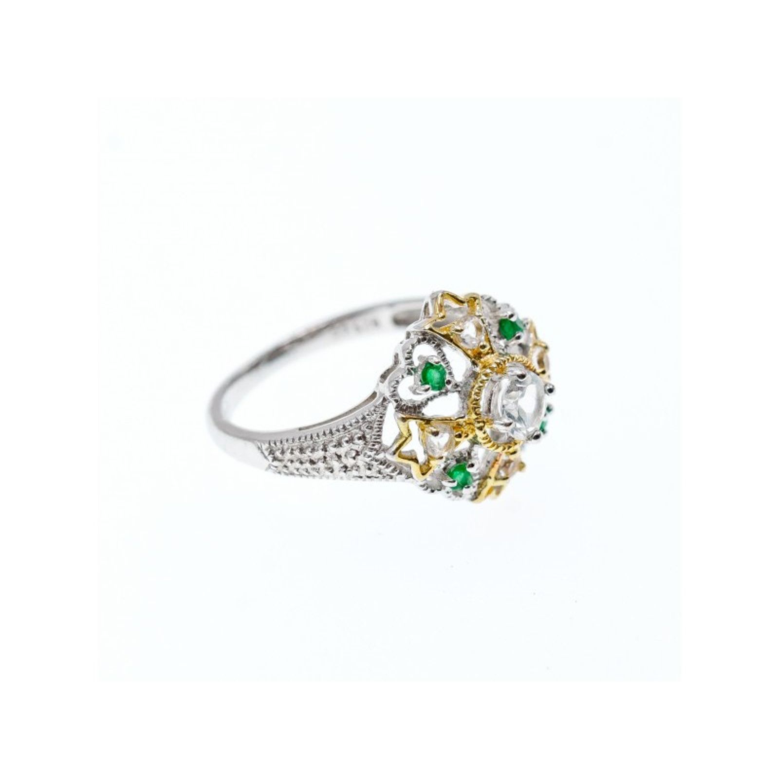 Jewelry 925 STERLING SILVER GOLD PLATED EMERALD & GOSHENITE RING Size ONE SIZE - 3 Thumbnail