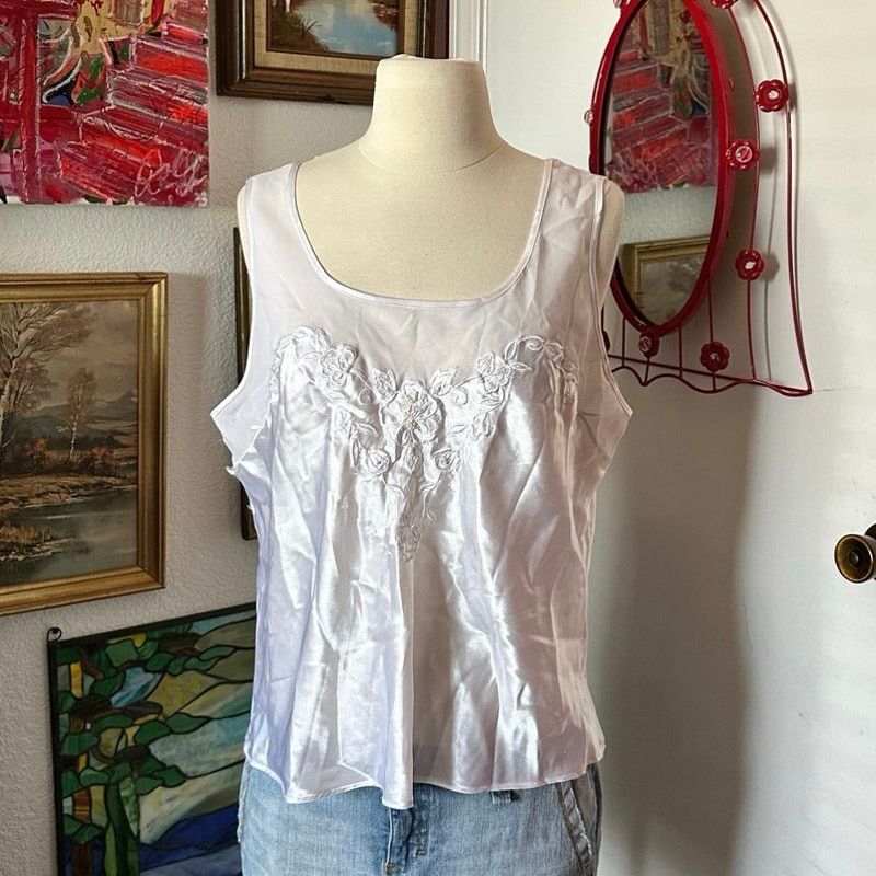 Other no brand white silky floral tank top Size L / US 10 / IT 46 - 1 Thumbnail