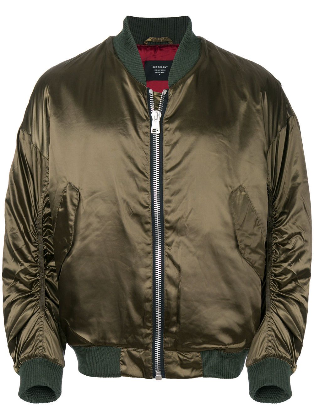 Represent Puffy Satin Olive Bomber Jacket