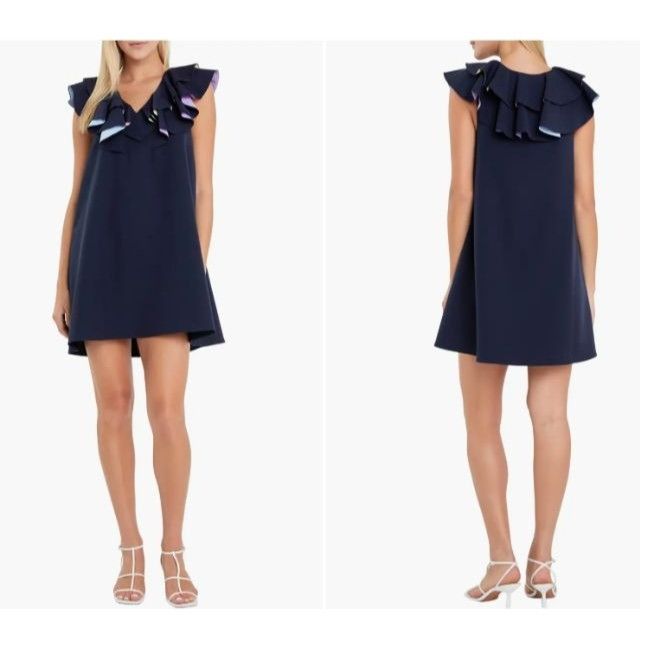 English Factory English Factory Multicolor Lined Ruffle Shift Dress, Navy, S Size S / US 4 / IT 40 - 1 Thumbnail