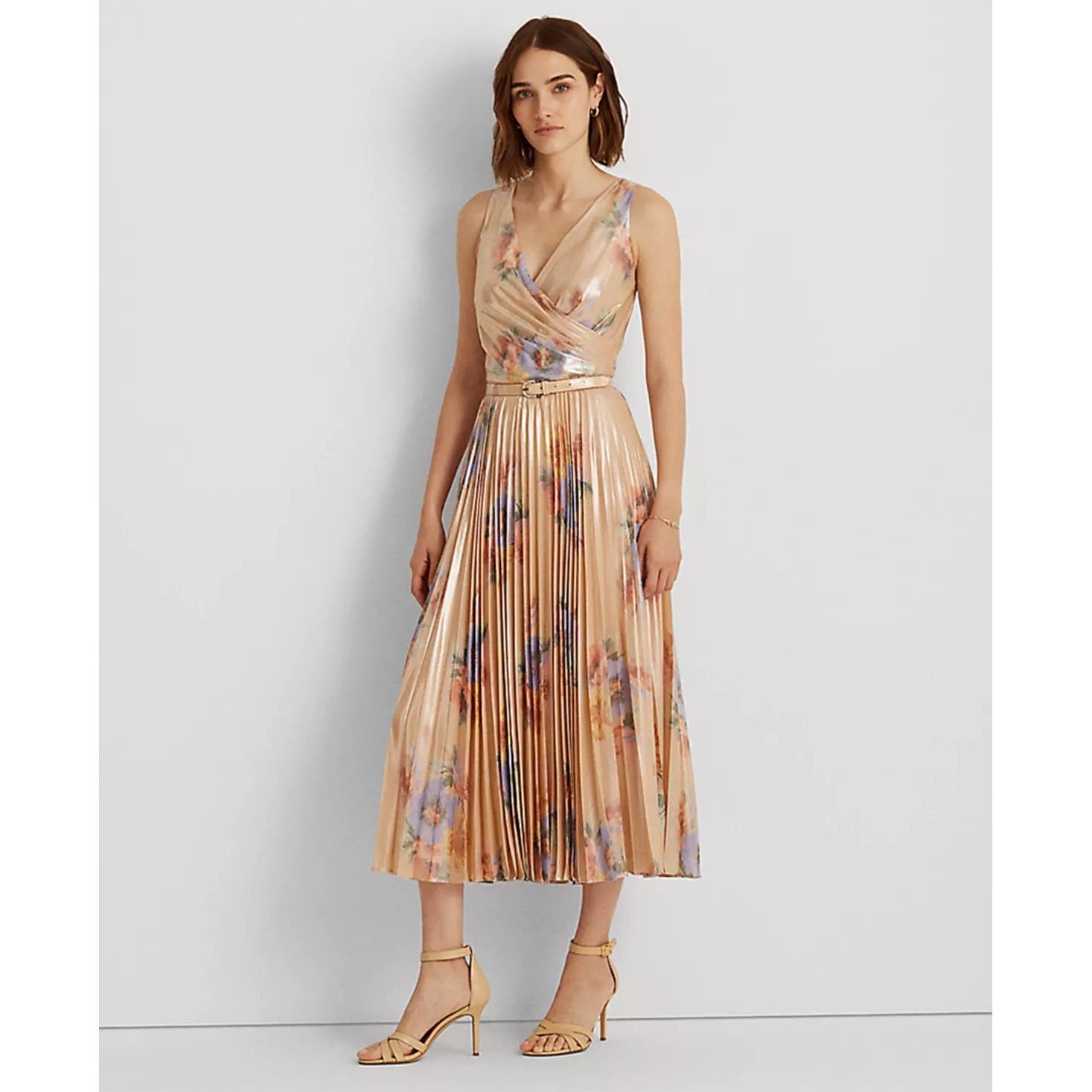 image of Lauren Ralph Laurent Floral Pleated Formal Midi Dress Size 6 in Pink, Women's