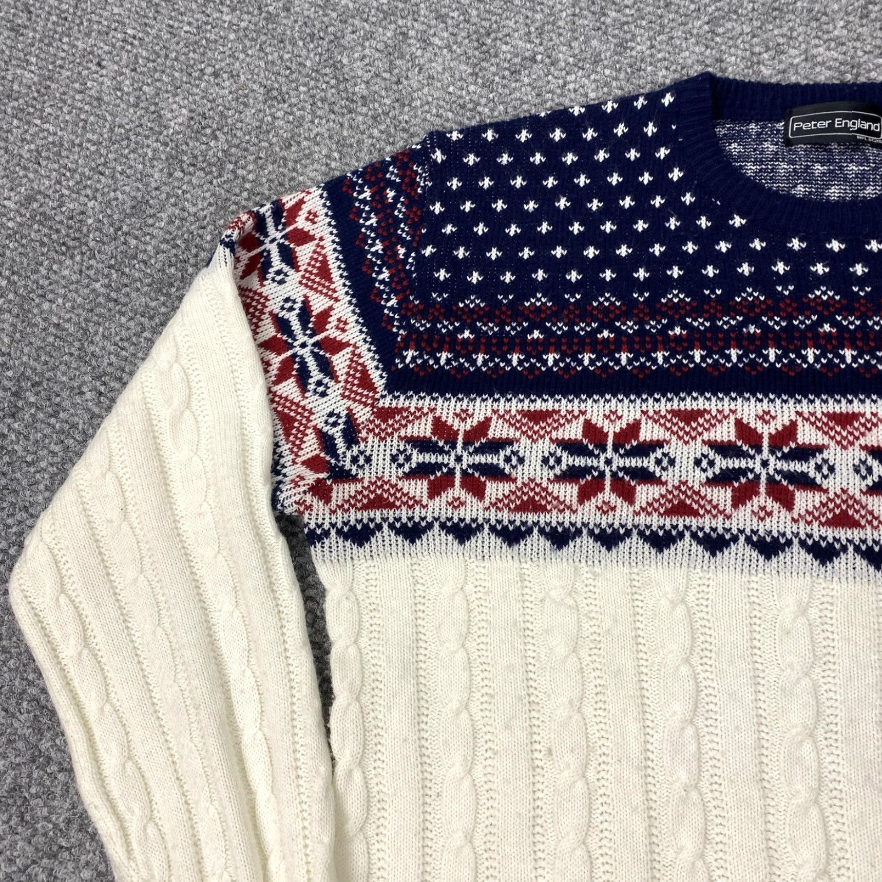 Vintage VINTAGE Peter England Sweater Mens XL Ivory Fair Isle Cable Knit 90s Pullover Crew Neck Men XL Knitted Jumper Size US XL / EU 56 / 4 - 5 Thumbnail