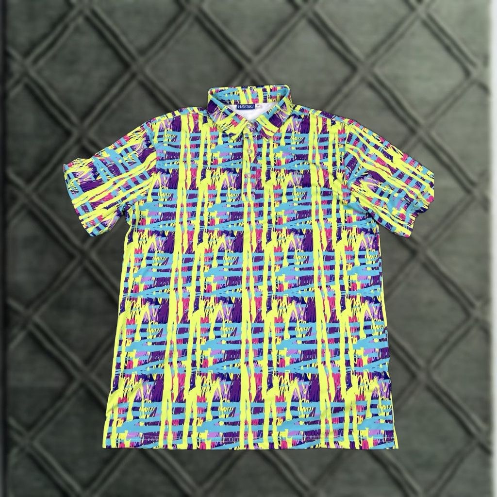 Hreski Polo Shirt Mens M Multicolor Striped Golf Graffiti Short Sleeve Breathable Lightweight Casual Pattern Coloured