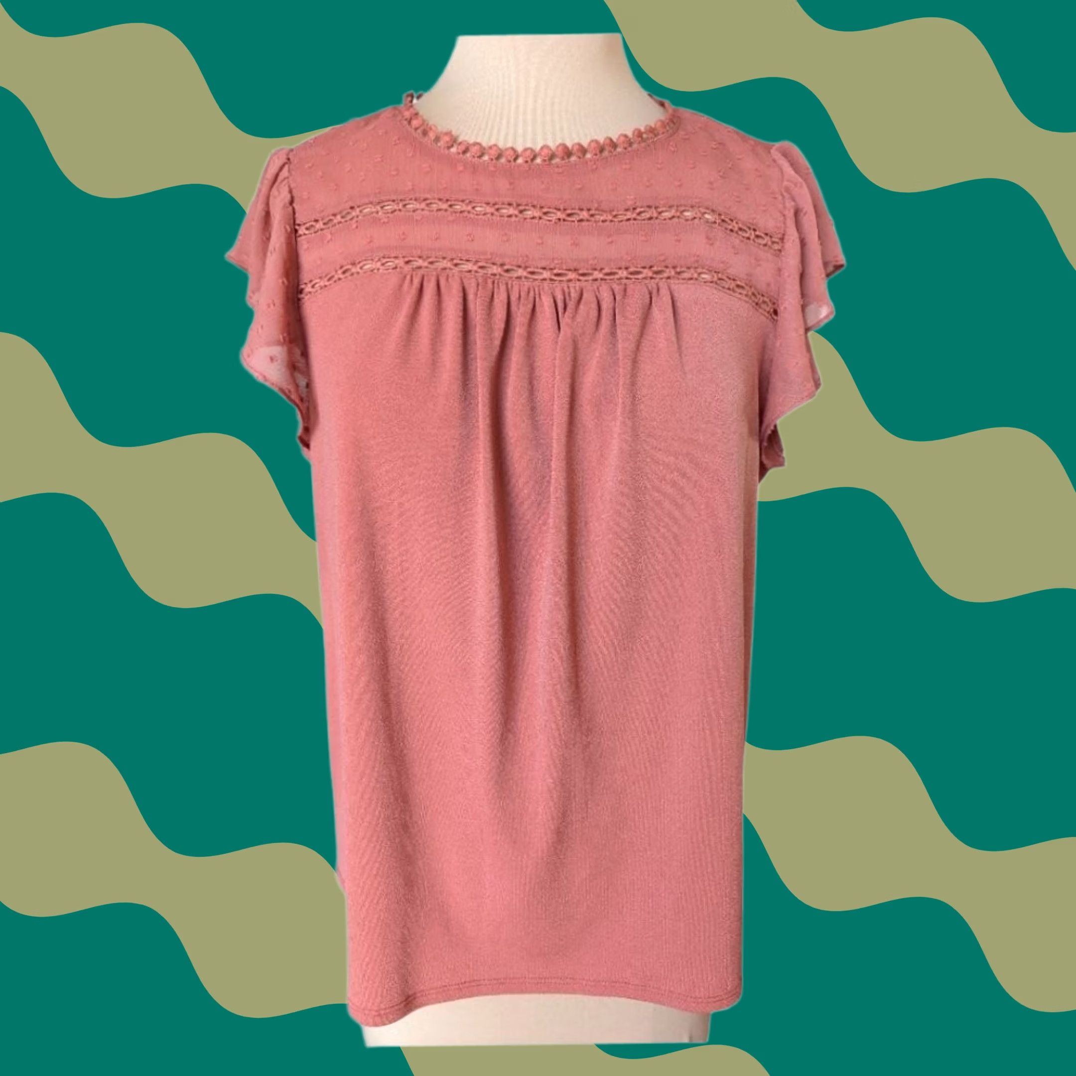 Vintage Dusty Rose Swiss Dot Short Flutter Sleeve Blouse Top Crochet Lace Trim Size M Womens Blouse Crochet Lace Pink Chiffon Solid Bohemian Vintage No Size M / US 6-8 / IT 42-44 - 1 Thumbnail