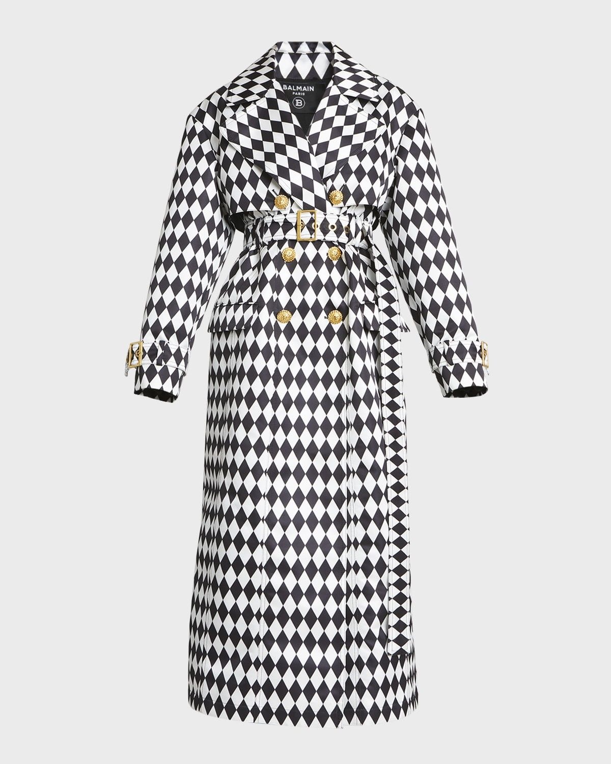 Balmain o1s1wg110825 Diamond Print Belted Trench Coat in Black/White Size L / US 10 / IT 46 - 1 Thumbnail