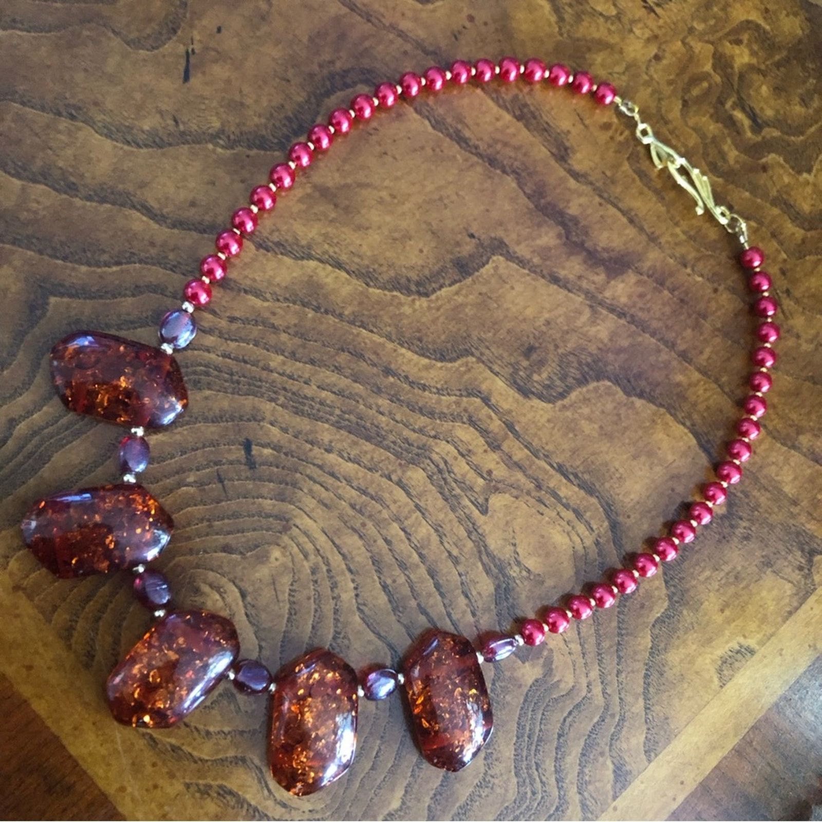 Handmade Handcrafted repurpose faux amber speckle bead Pearl necklace Size ONE SIZE - 8 Thumbnail