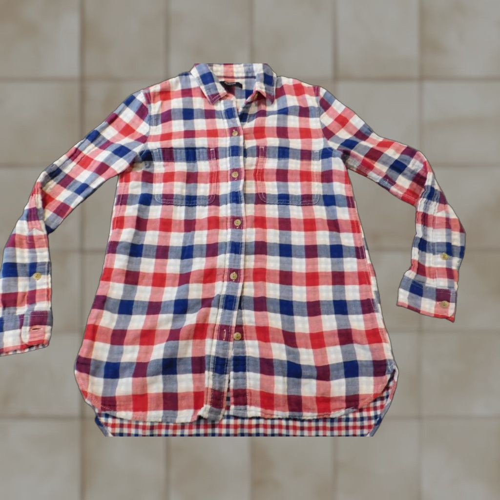 Madewell Madewell Womens Blouse 2XS Red Plaid Button-Up Crew Neck Long Sleeve Casual Ruffle Cotton Rayon Classic Modern Regular Womens Size XXS / US 00 / IT 34 - 1 Thumbnail