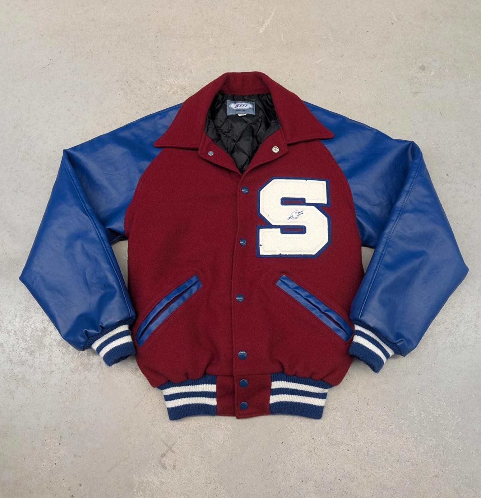 NEFF Vintage 90s NEFF Blue and Red Leather Wool Letterman Jacket Size US S / EU 44-46 / 1 - 1 Thumbnail