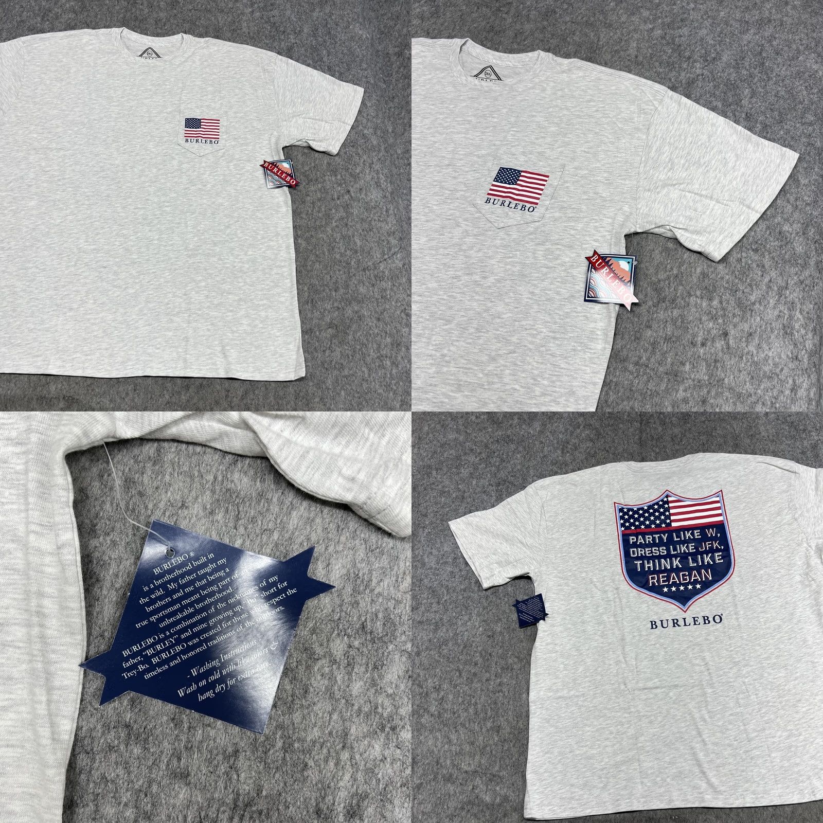Vintage Burlebo Shirt Mens 2XL Gray Party Like W Reagan JFK Flag Pocket Tee USA Casual Size US XXL / EU 58 / 5 - 8 Thumbnail