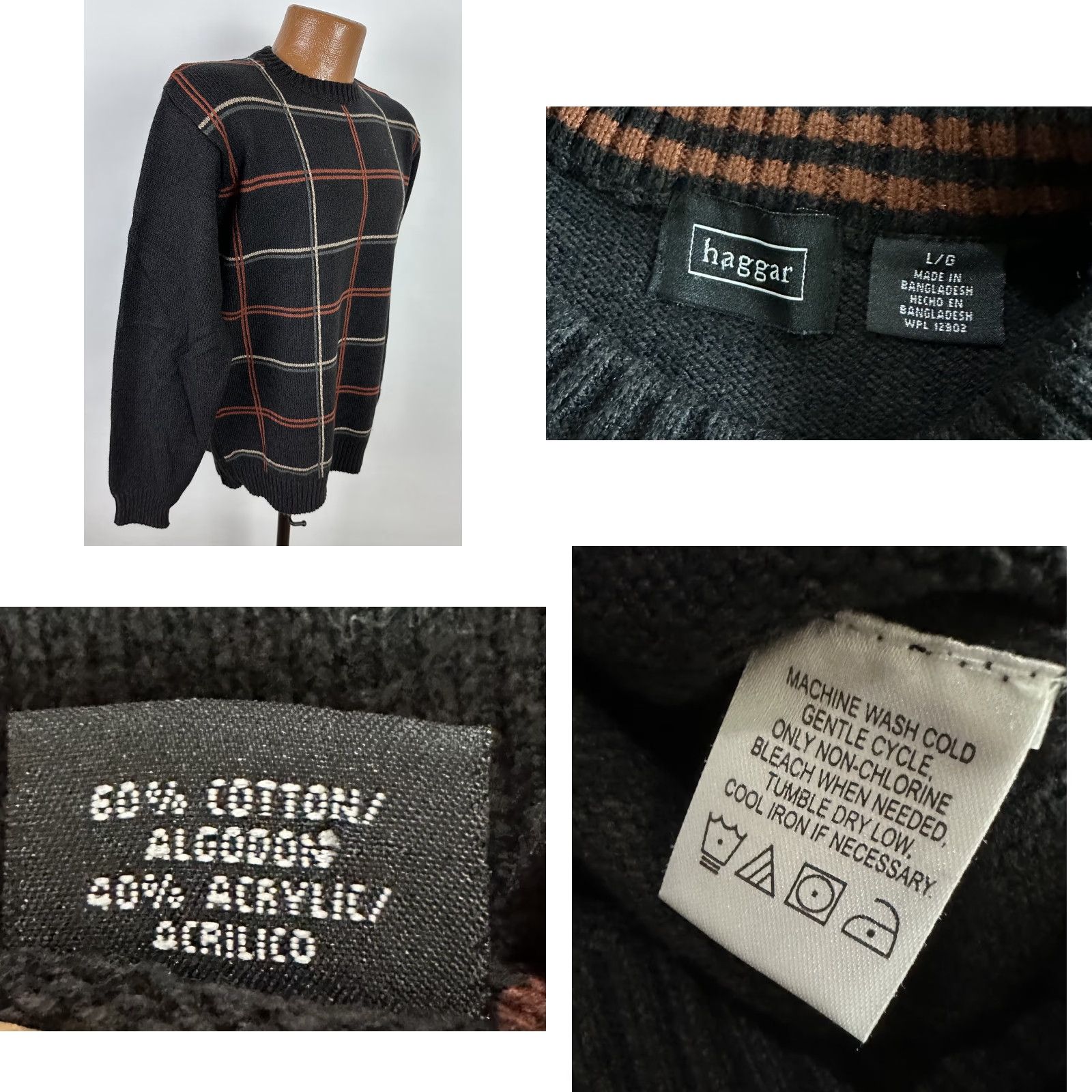 Haggar VINTAGE Haggar Checkered Sweater Mens Large Tight Fit Earth Tone Dark Brown Windowpane Check Size US L / EU 52-54 / 3 - 8 Thumbnail