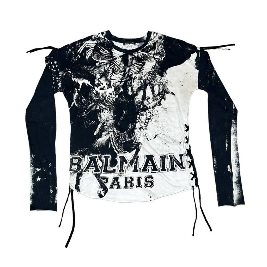 Balmain o1mle0125 Distressed Long Sleeved T-Shirt in Noir & Blanc Size US S / EU 44-46 / 1 - 1 Thumbnail