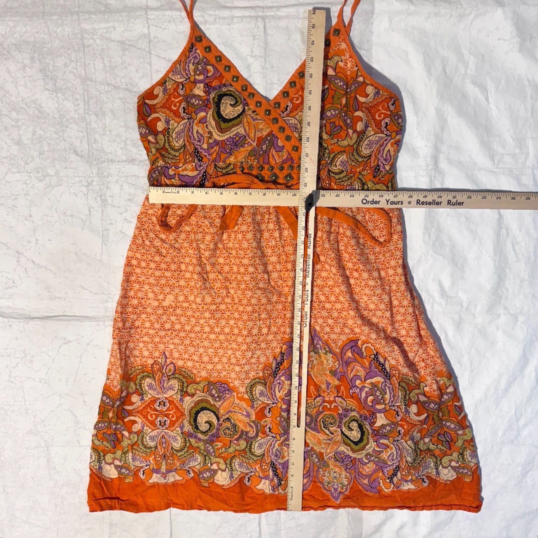 Vintage Magic Dress 1X Orange Paisley Sun Dress Studded Sphagetti Strap Front Tie Summer Size XL / US 12-14 / IT 48-50 - 3 Thumbnail
