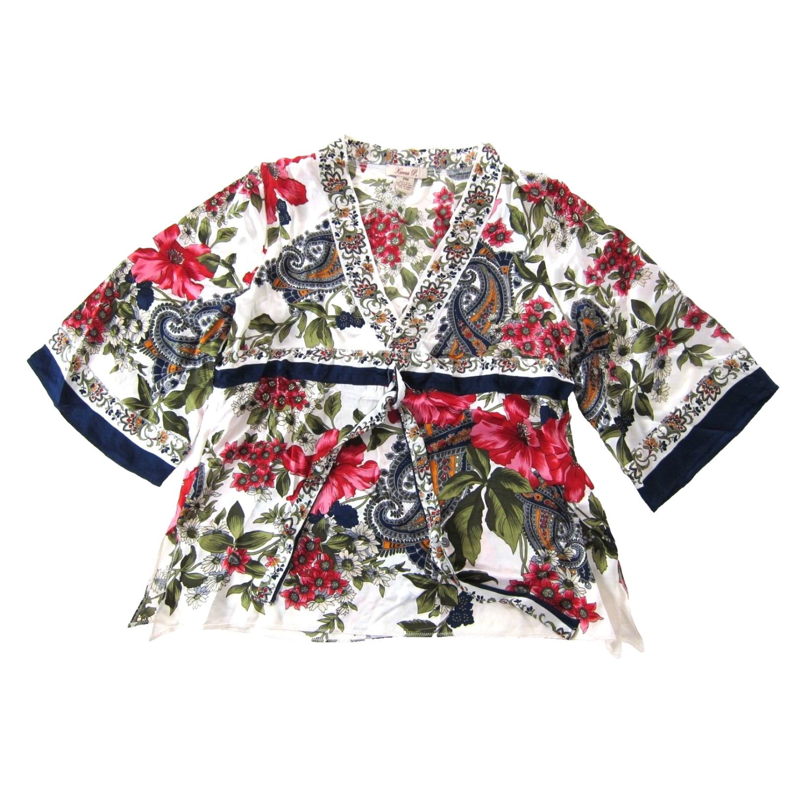 Vintage Karena P 100% Silk Pink Green Blue Orange Floral V-Neck 3/4 Sleeve Blouse PM Blouse Womens Size M / US 6-8 / IT 42-44 - 2 Thumbnail