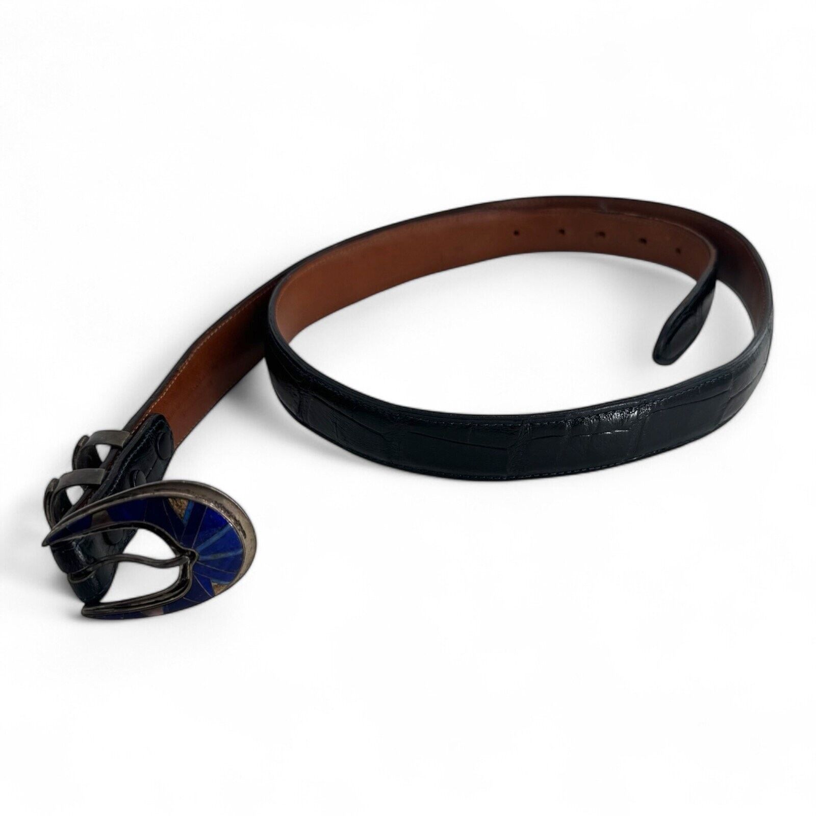 Sterling Silver JW Cooper .925 Sterling Lapis Inlay Blue Alligator Skin Belt Size 46 - 2 Thumbnail