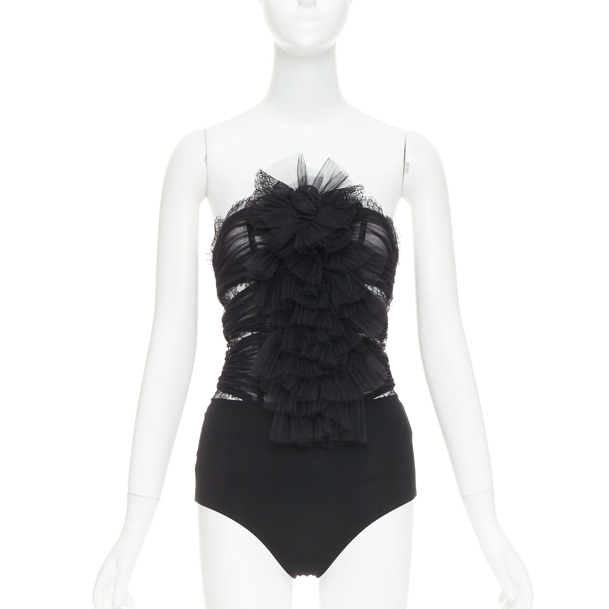 Alexandre Vauthier ALEXANDRE VAUTHIER COUTURE AW2022 Runway black pleated tulle sheer lace bodysuit top Size S / US 4 / IT 40 - 1 Thumbnail