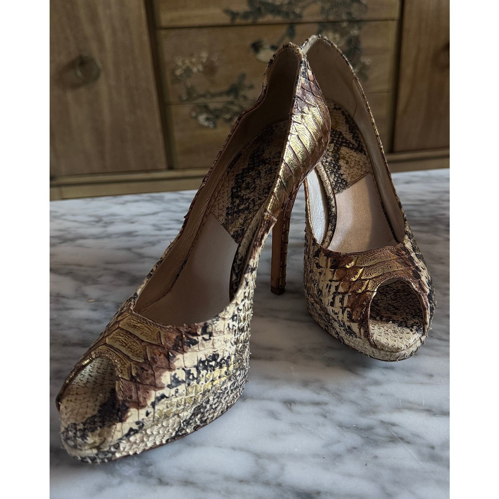 Dior Christian Dior peeptoe gold python platform pumps Size US 6 / IT 36 - 1 Thumbnail