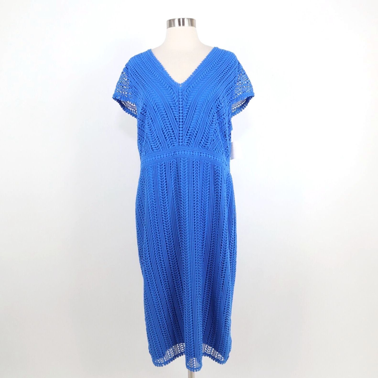 image of Boden Sheath Dress Nancy Lace Womens Us12R New Bold Blue V-Neck Stretch $230 in White (Size XL)