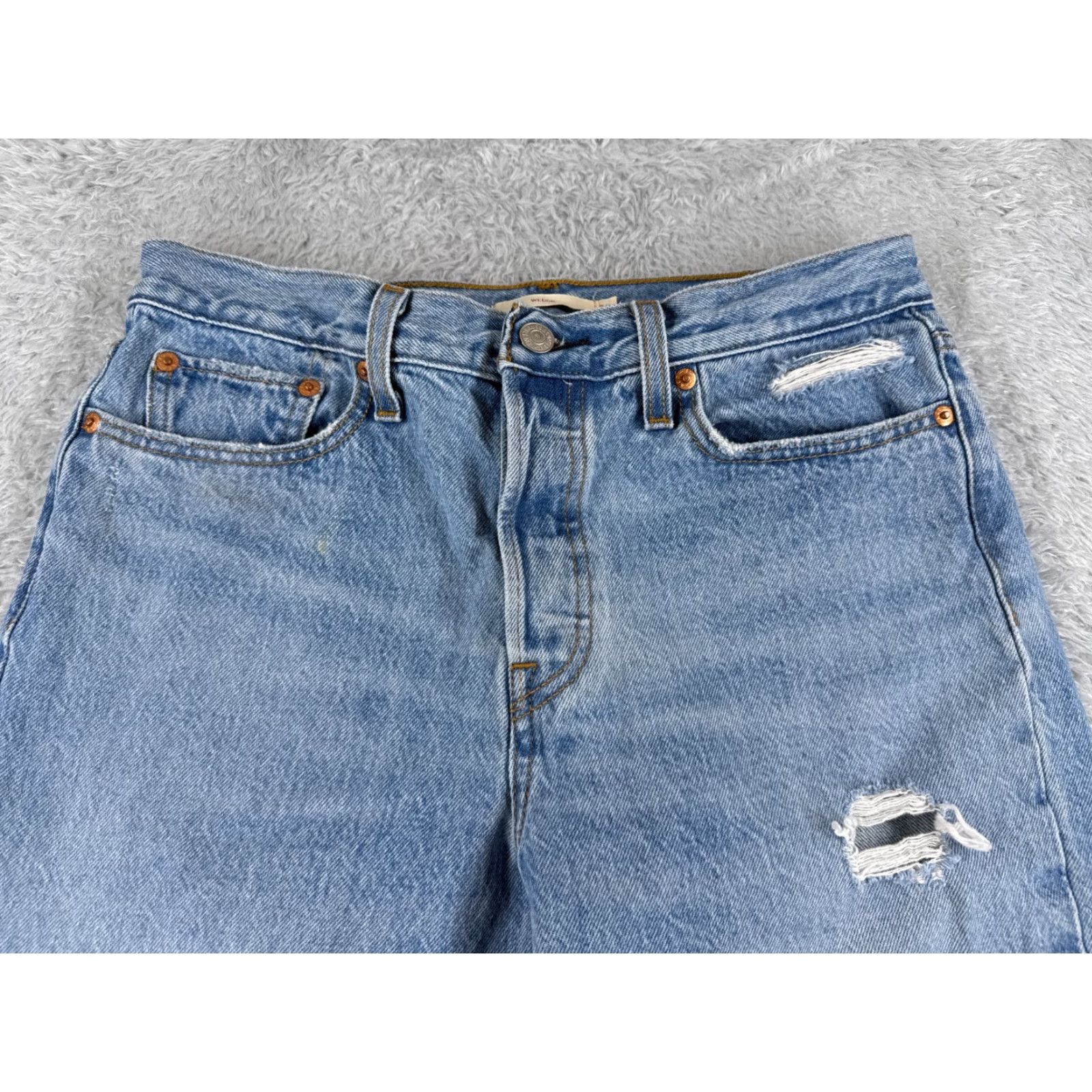 Levi's VINTAGE Levis Premium Jeans Women 29 Blue Denim Big E Wedgie Distressed Button Fly 28x27 Size 29" - 4 Thumbnail