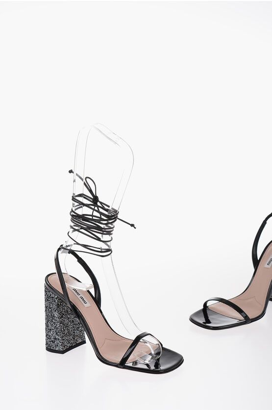 image of Miu Miu Patent Leather Sandals With Glitter Heel Shoes 10 Cm in Black, Women's