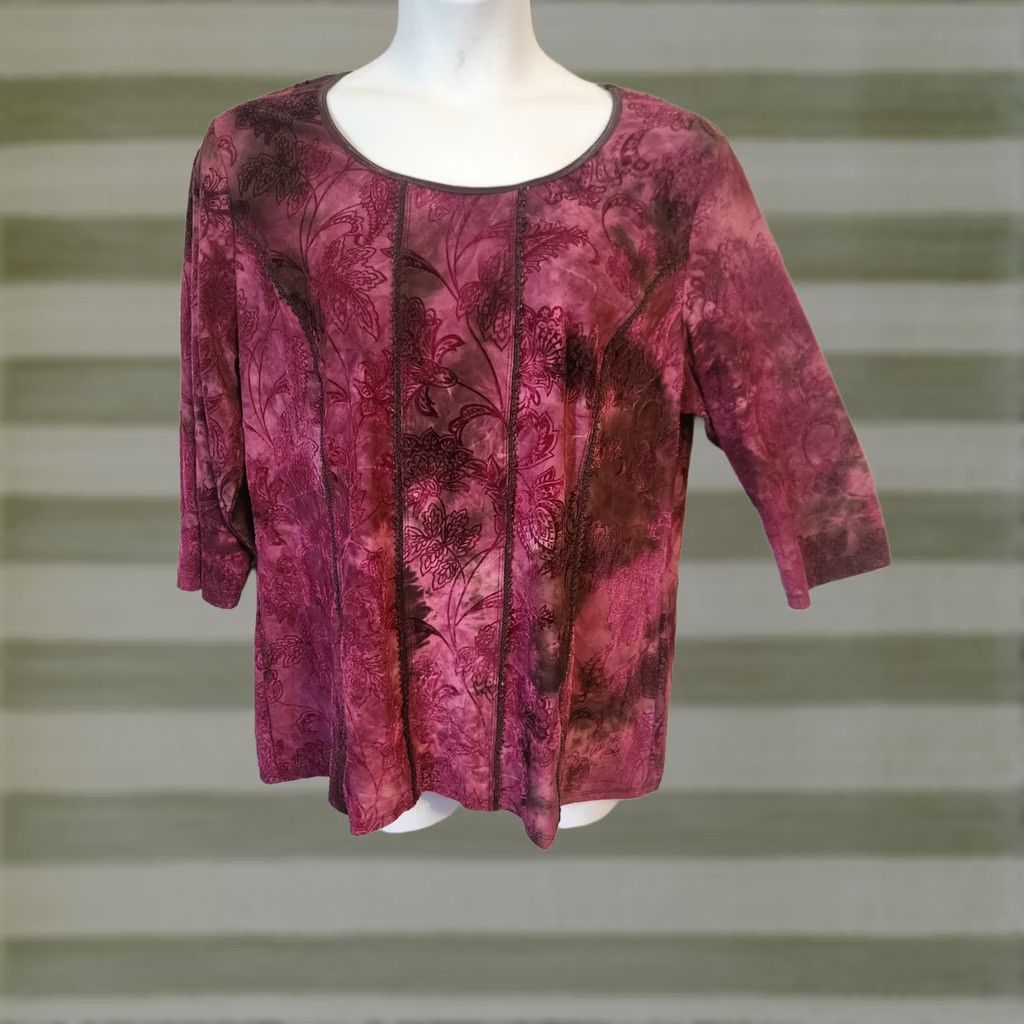 Velvet Roz & Ali Woman Dark Magenta Paisley Black Burnout Velvet Top 2X Size XXL / US 16-18 / IT 52-54 - 1 Thumbnail