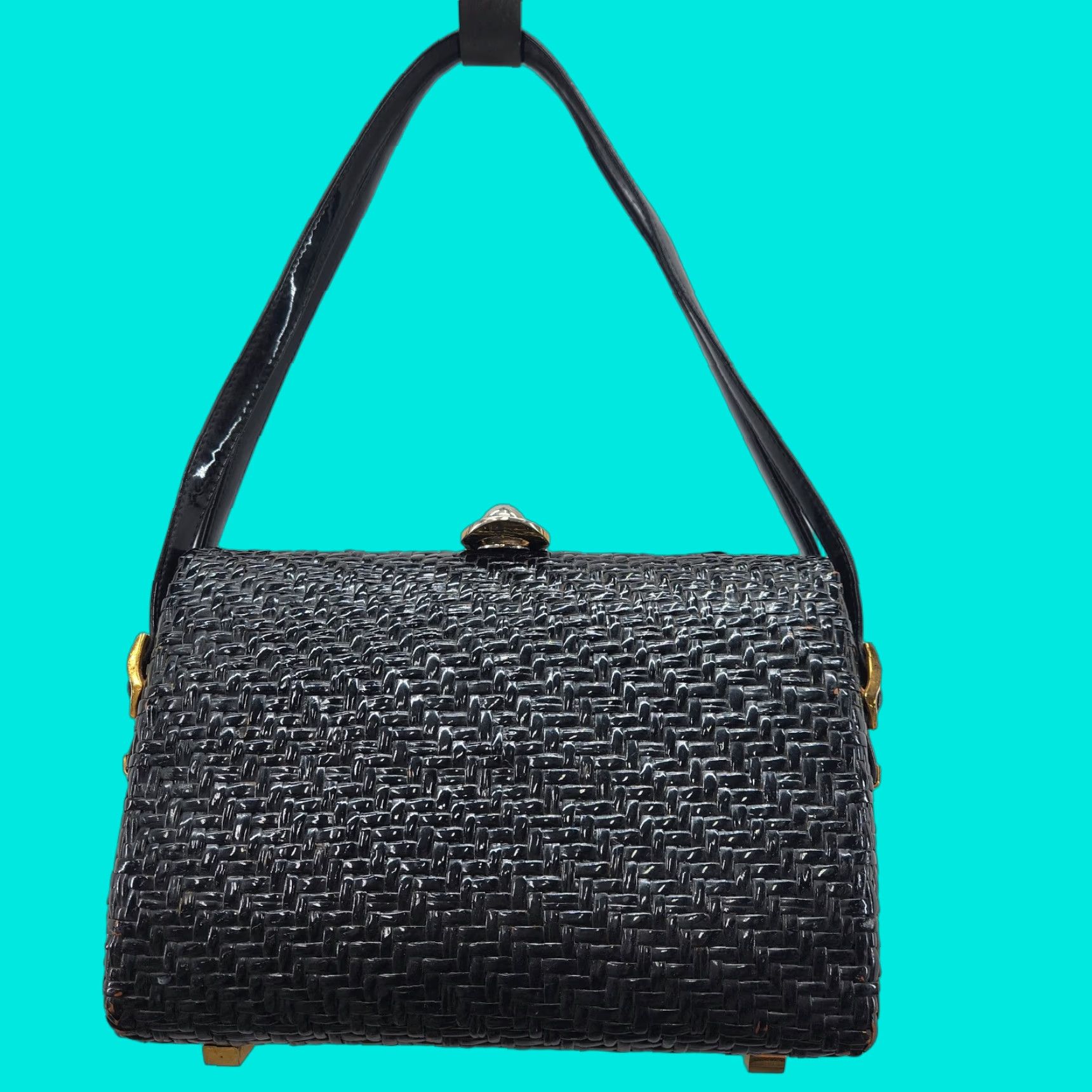 Vintage VINTAGE Koret Black Gold Wicker Basket Handbag Purse Boho Womens Size ONE SIZE - 1 Thumbnail