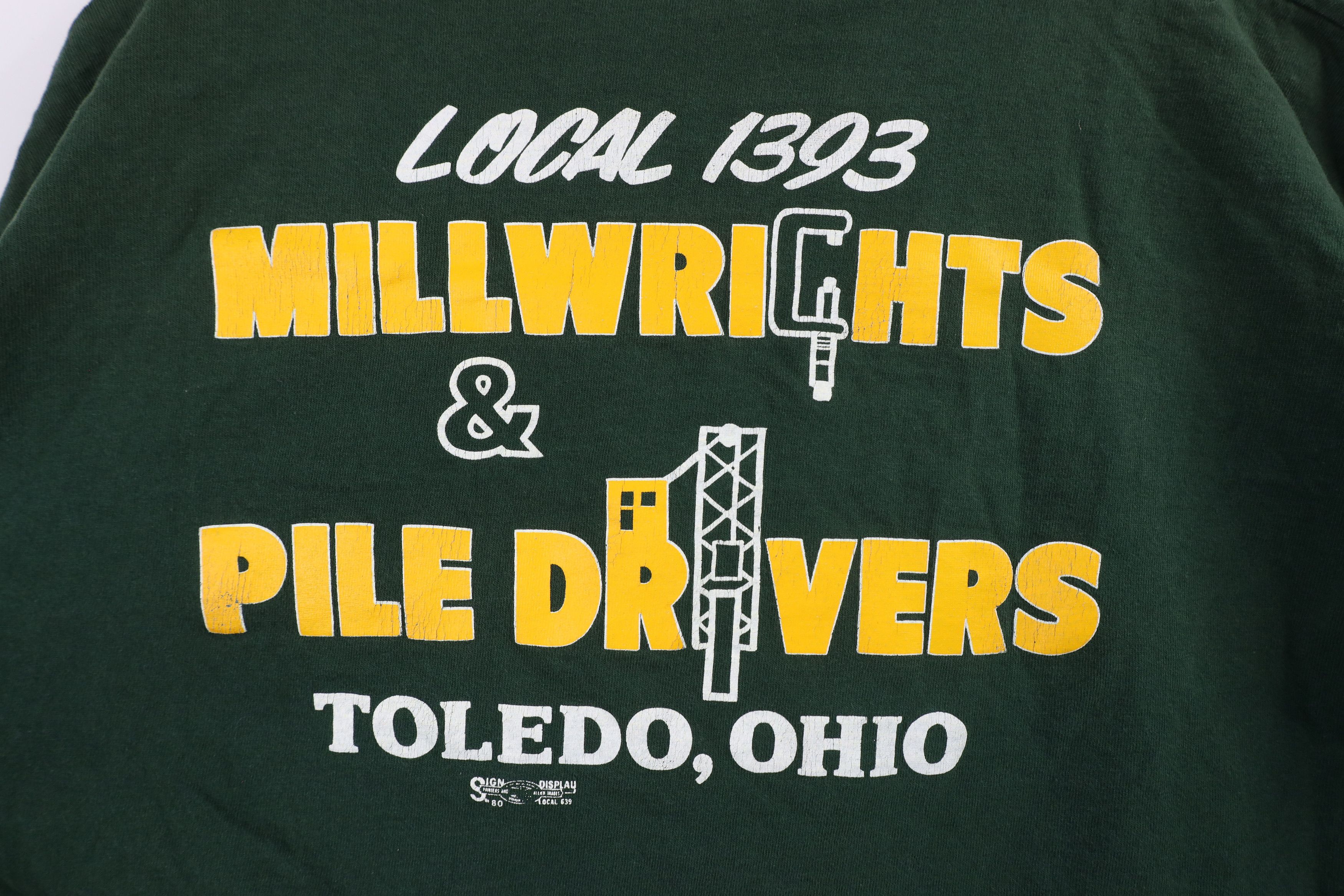 Vintage Vintage 90s Union Millwrights Pile Drivers T-Shirt Green USA Size US XL / EU 56 / 4 - 9 Thumbnail