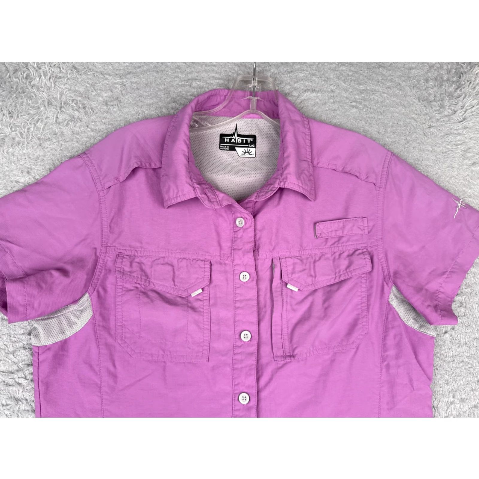 Habitat Habit Shirt Women Large Purple Button Up Cotton Vented Short Sleeve Fish Outdoor Casual Shirt Size L / US 10 / IT 46 - 4 Thumbnail