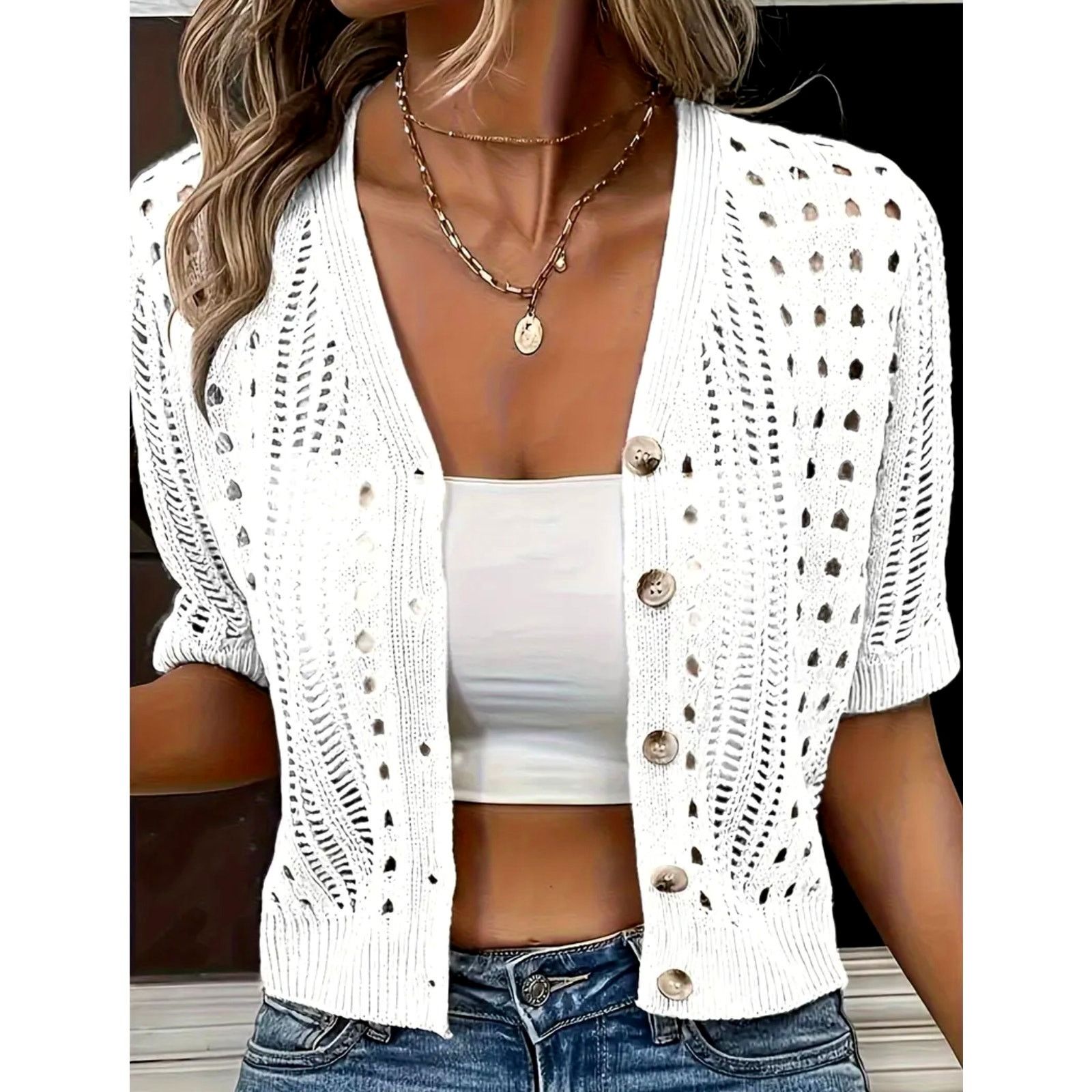 Other Versatile Elegant V-Neck Knitted Cardigan White 8/10 (L) Size L / US 10 / IT 46 - 2 Thumbnail