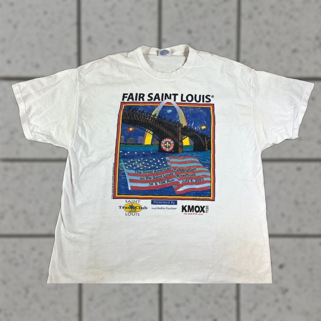 Hanes VINTAGE Hanes White T-Shirt XL Men's Short Sleeve Crew Neck Graphic Print STL 2003 Blue Pattern USA Outdoor 2003 Century Size US XL / EU 56 / 4 - 1 Thumbnail