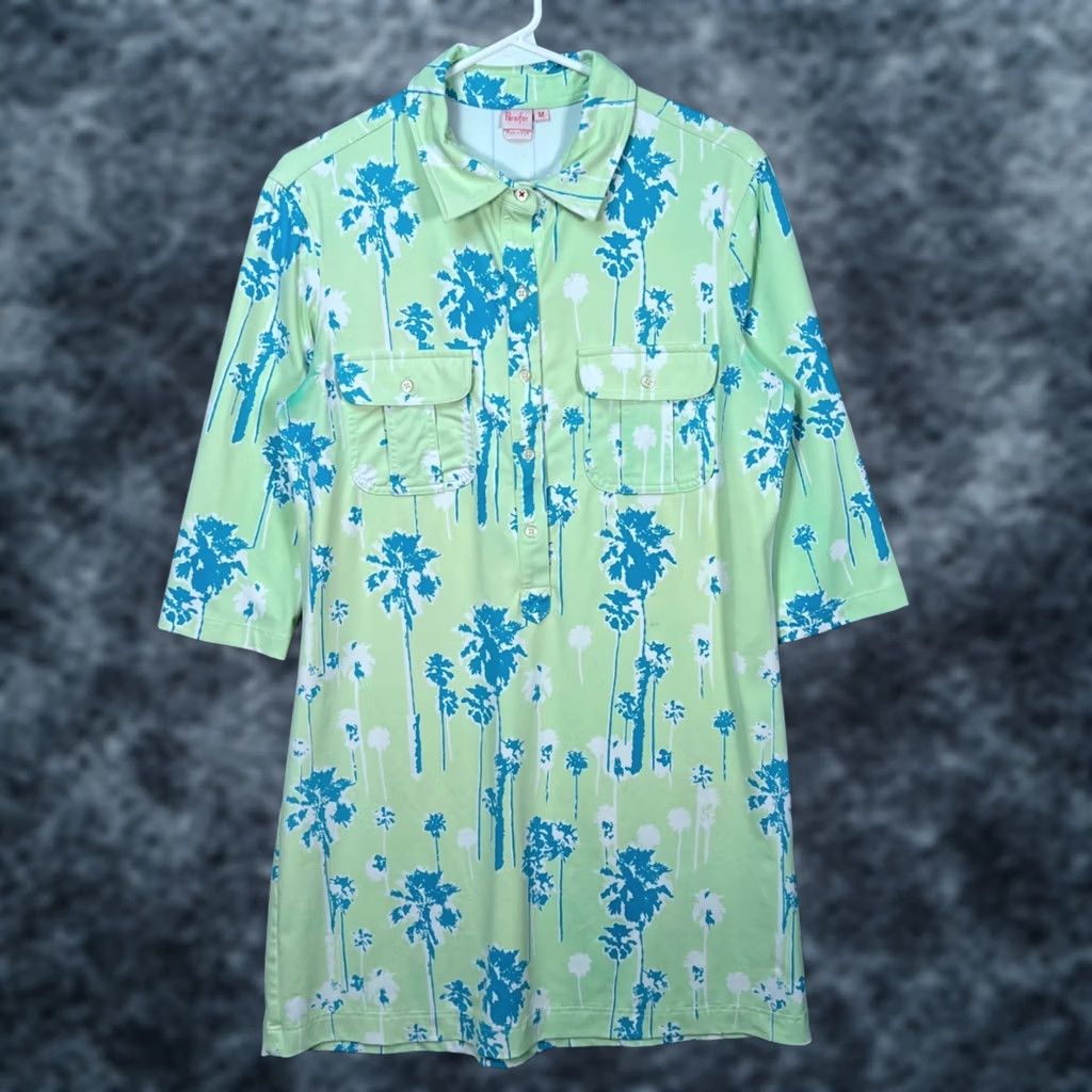Vintage Persifor Womens Shirt Dress Medium Green Palm Print Tunic Dress Size M / US 6-8 / IT 42-44 - 1 Thumbnail