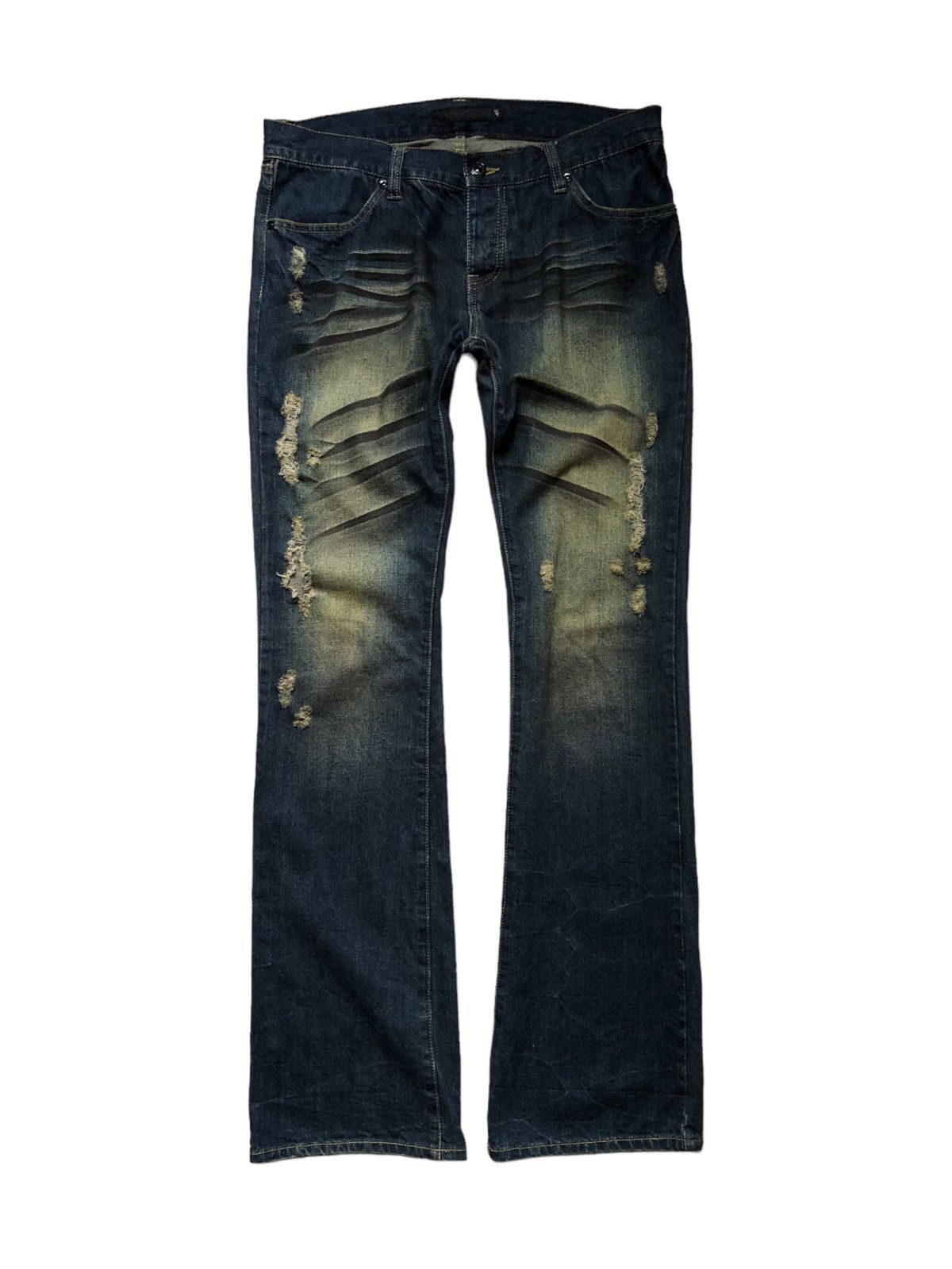 image of Gostar De Fuga x If Six Was Nine Fuga Distressed Rusty Flare Jeans in Yellow/Blue/Rust (Size 33)