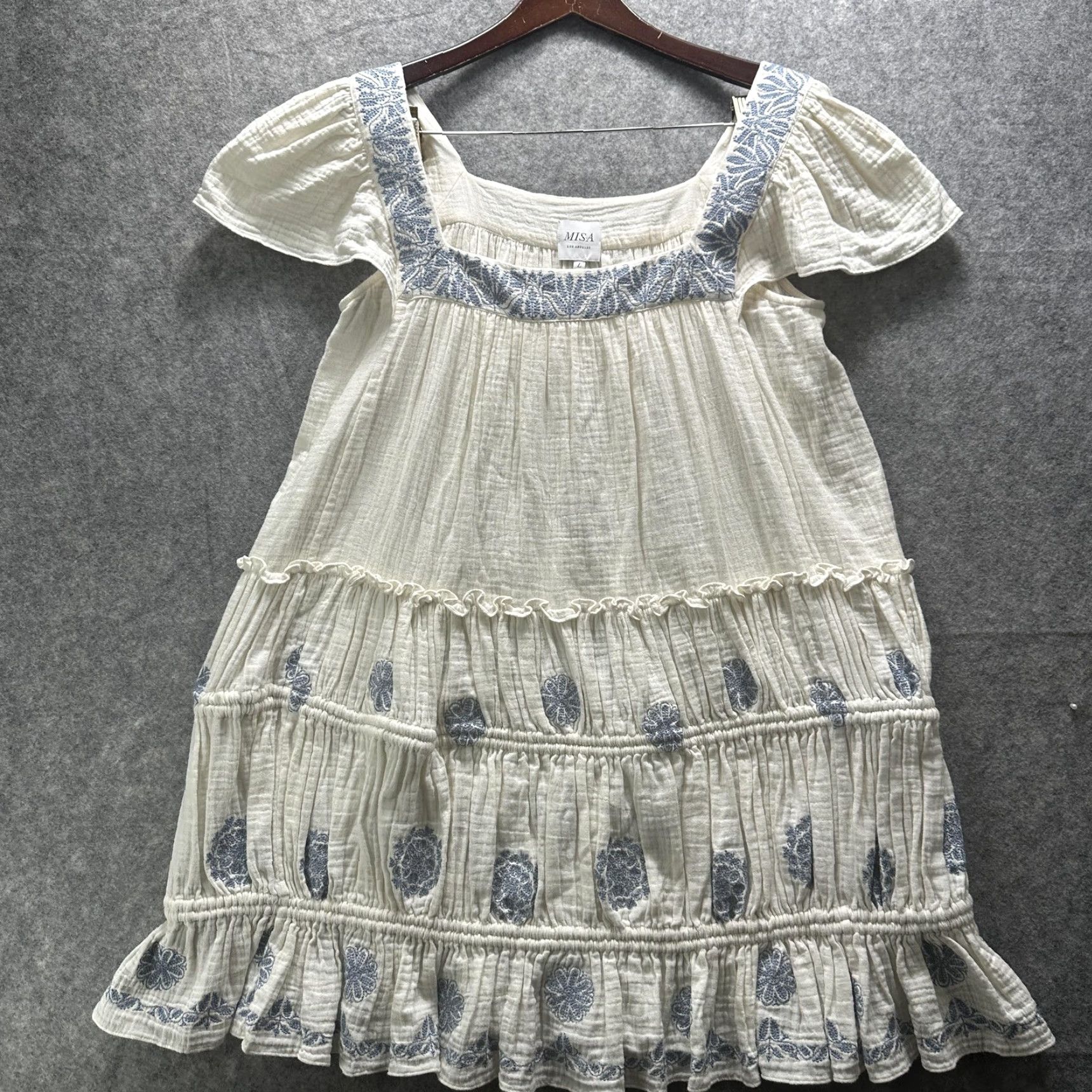MISA Los Angeles Misa Los Angeles Dress Womens L White Embroidered Floral Boho Tiered Cotton Size L / US 10 / IT 46 - 2 Thumbnail