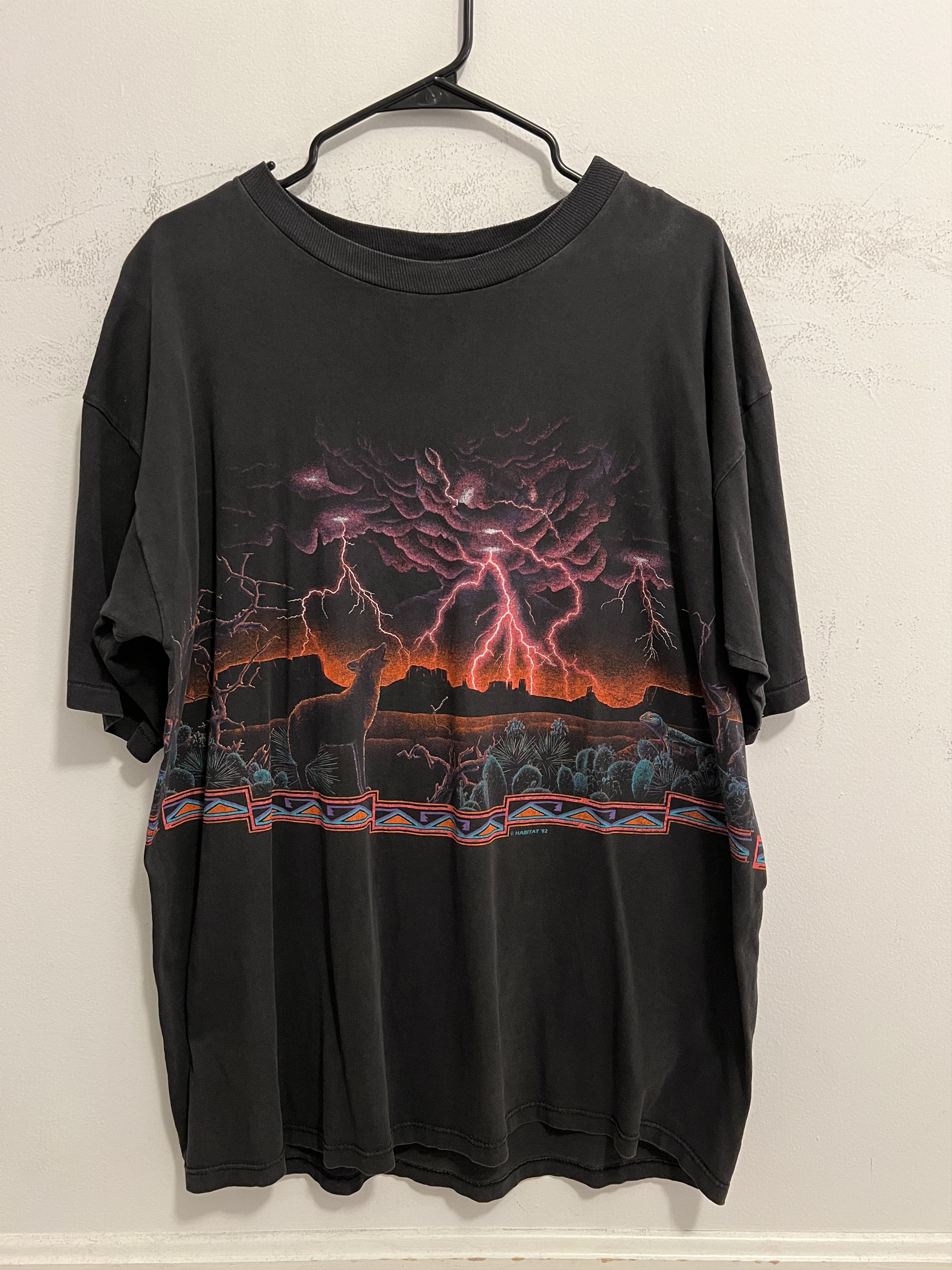 image of Vintage 1992 Coyote Desert Thunder Lighting Storm Wildlife Tee in Black, Men's (Size XL)