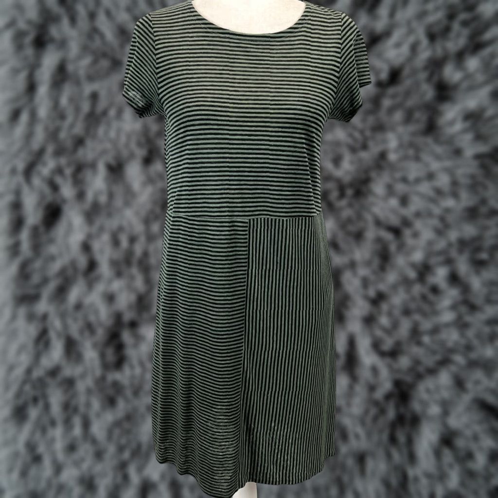 Eileen Fisher VINTAGE Eileen Fisher 100% Organic Linen Dress Striped PP Petites Knee Length Pockets Womens Short Sleeve T-Shirt Dress Green & Black NWOT Lagenlook Size XXS / US 00 / IT 34 - 1 Thumbnail