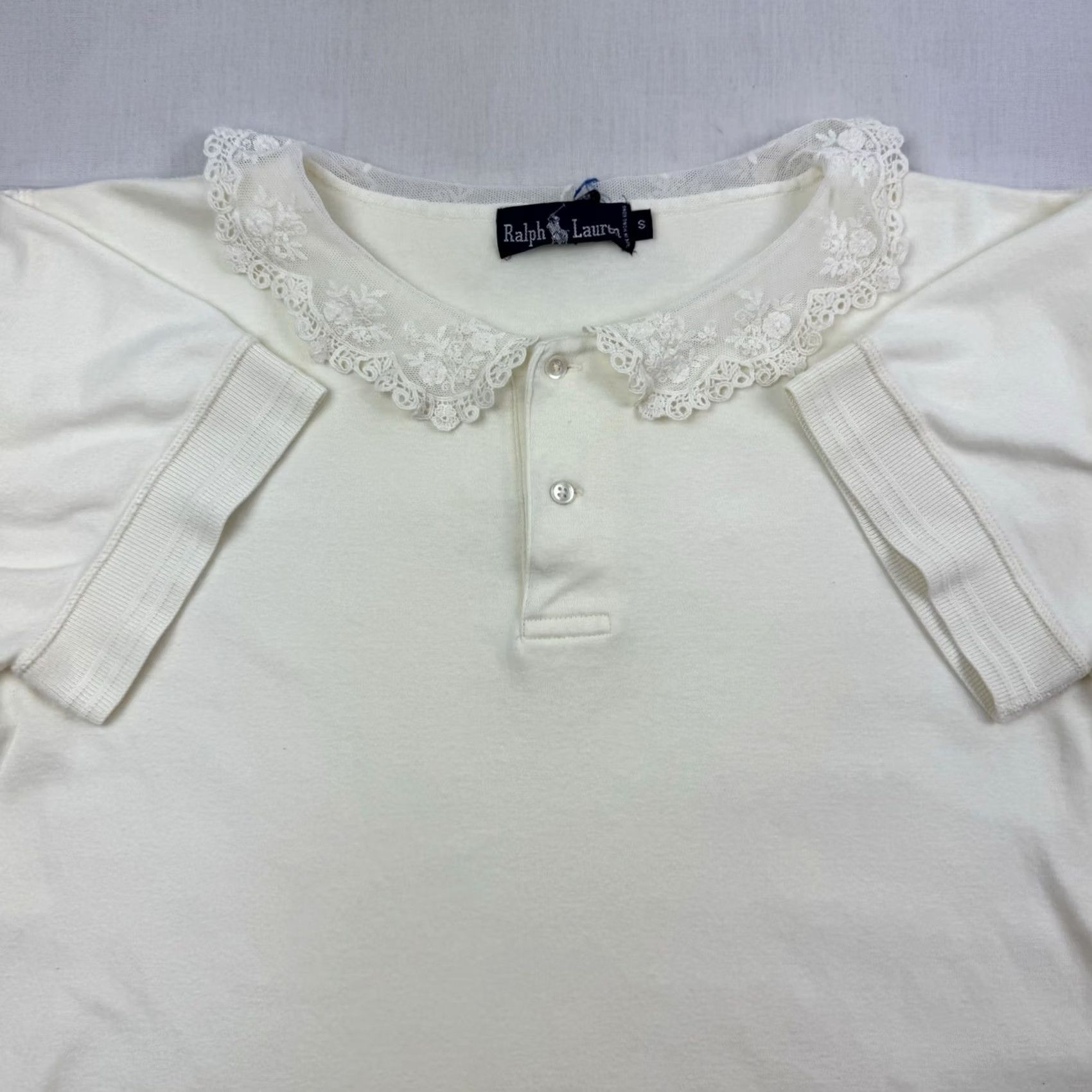 Ralph Lauren VINTAGE Ralph Lauren Womens Top Henley Lace Collar 1980s Designer Shirt/Top Beige Cotton Short Sleeve S Ladies Mens Womens Size S / US 4 / IT 40 - 2 Thumbnail