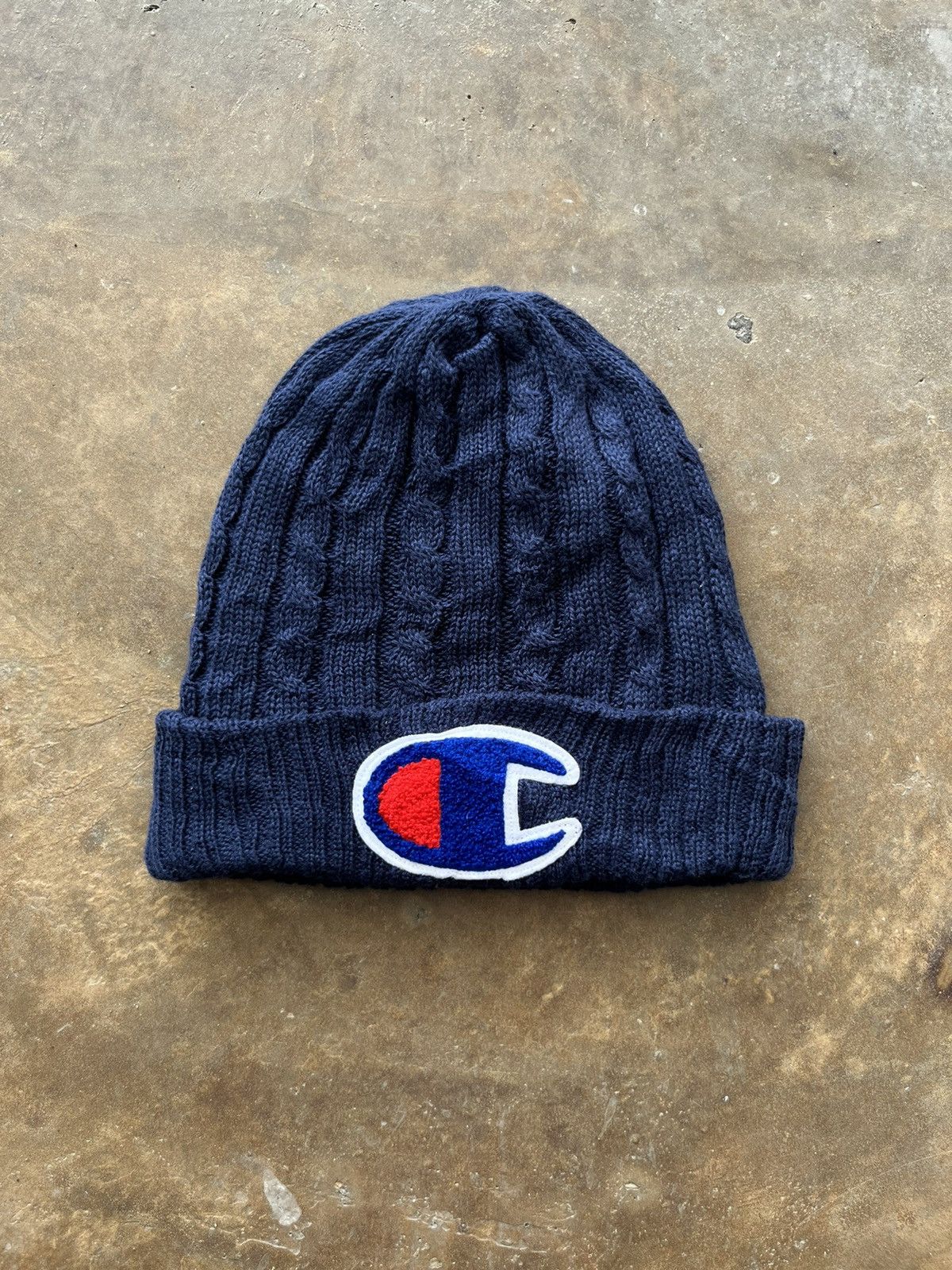image of Champion Big Logo Knit Beanie Snowcap in Dark Blue, Men's