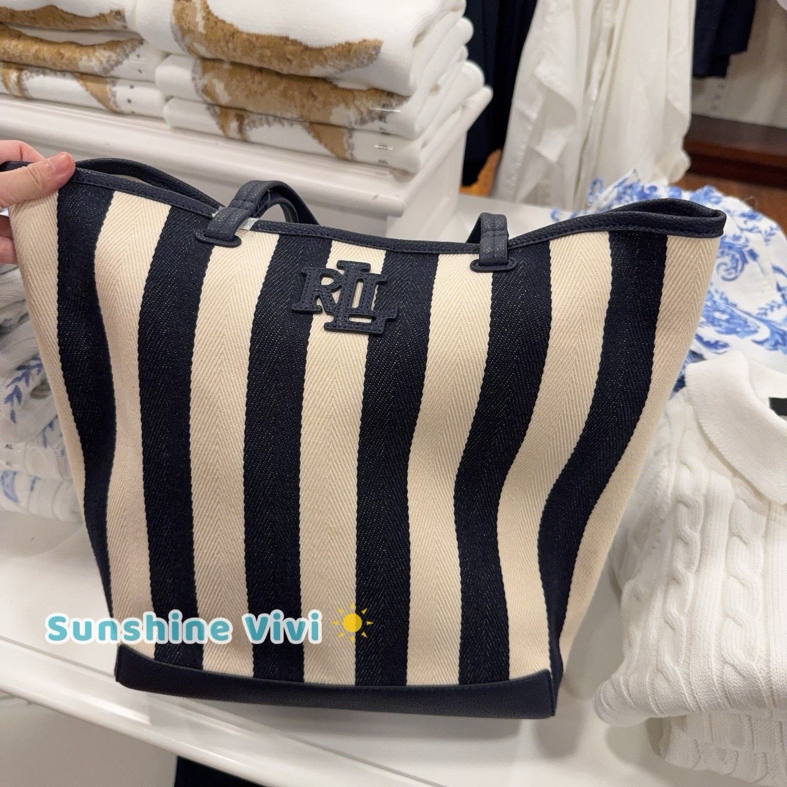Lauren Ralph Lauren NWT Lauren Ralph Lauren Canvas Stripe Large Tote Bag Navy Size ONE SIZE - 2 Thumbnail
