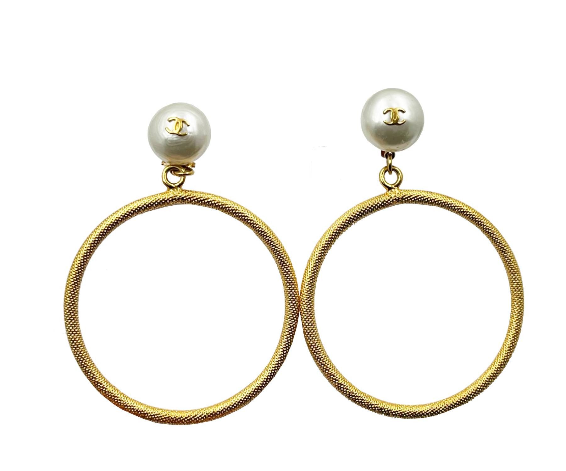 Chanel Vintage Rare Gold Plated CC Pearl Large Earrings