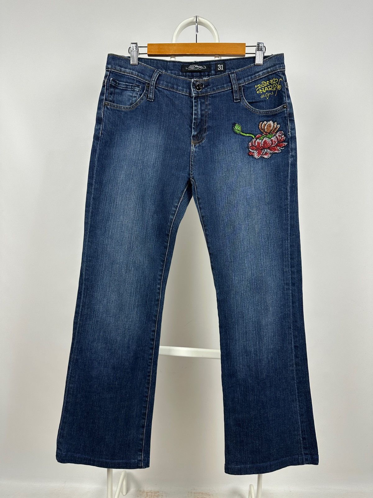 Ed Hardy Ed Hardy Rhinestones Flowers Denim Jeans Pants Size 31" - 2 Thumbnail