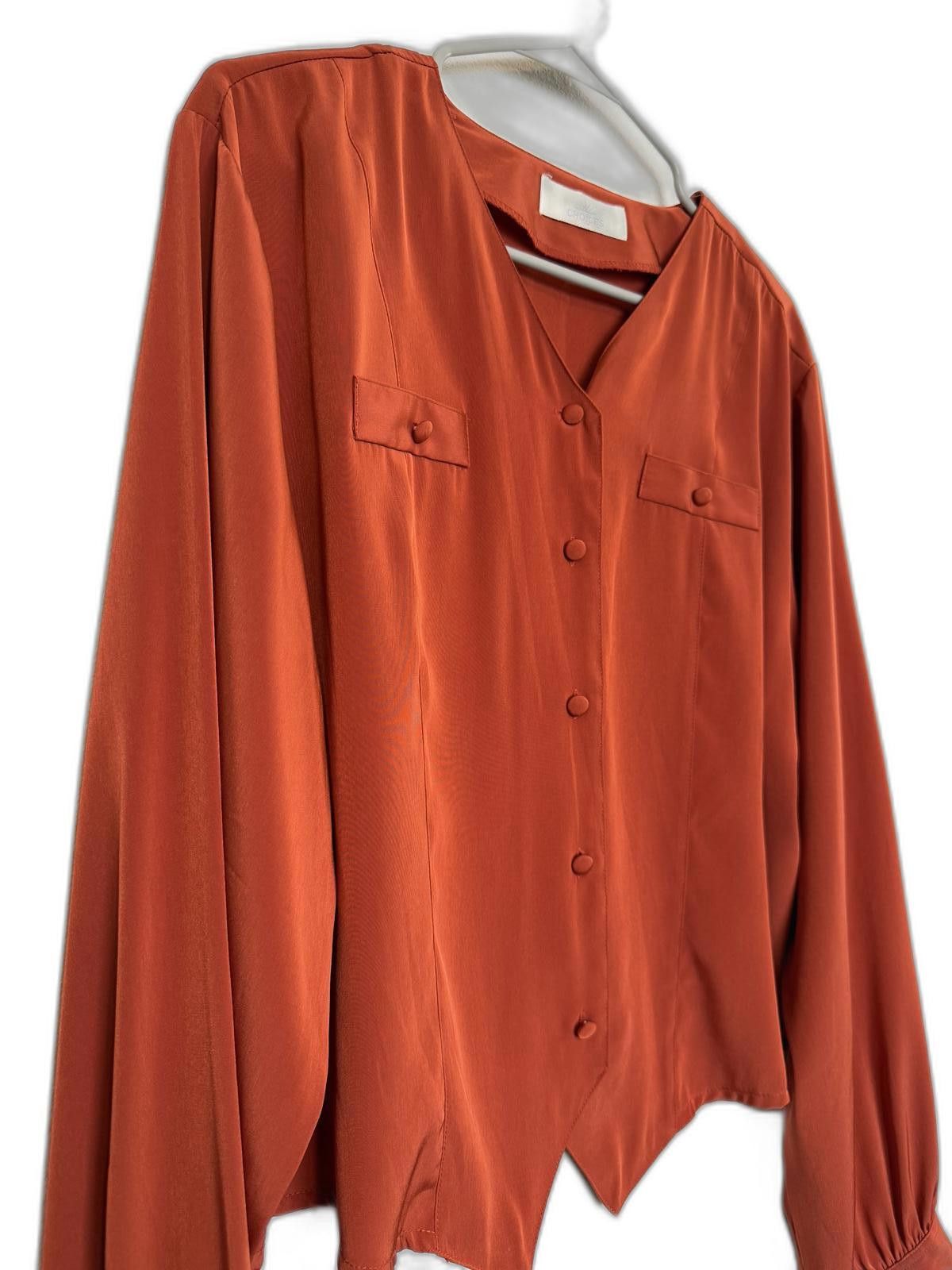 Designer Vintage 80s 90s silk dark orange women crop blouse. Size XL / US 12-14 / IT 48-50 - 1 Thumbnail