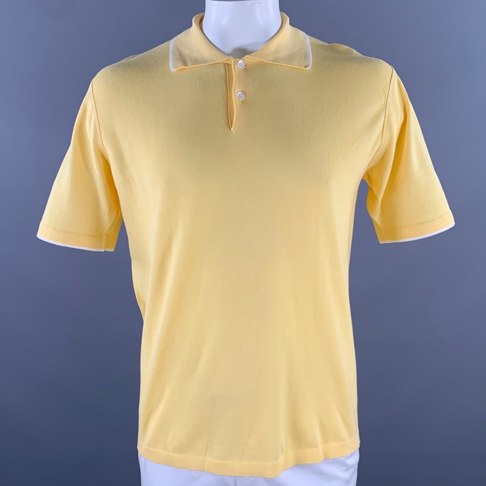 Brioni BRIONI Size L Yellow White Tipped Knit Cotton Polo Size US L / EU 52-54 / 3 - 1 Thumbnail