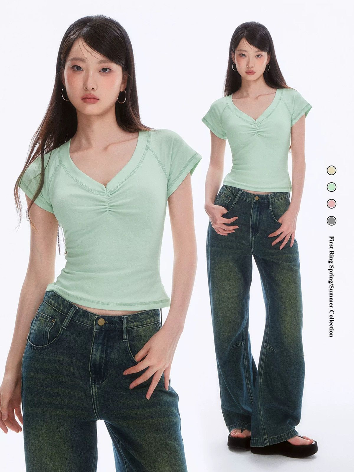 Other Melon Green V-neck Ruched Cap Sleeve Tee Size L / US 10 / IT 46 - 3 Thumbnail