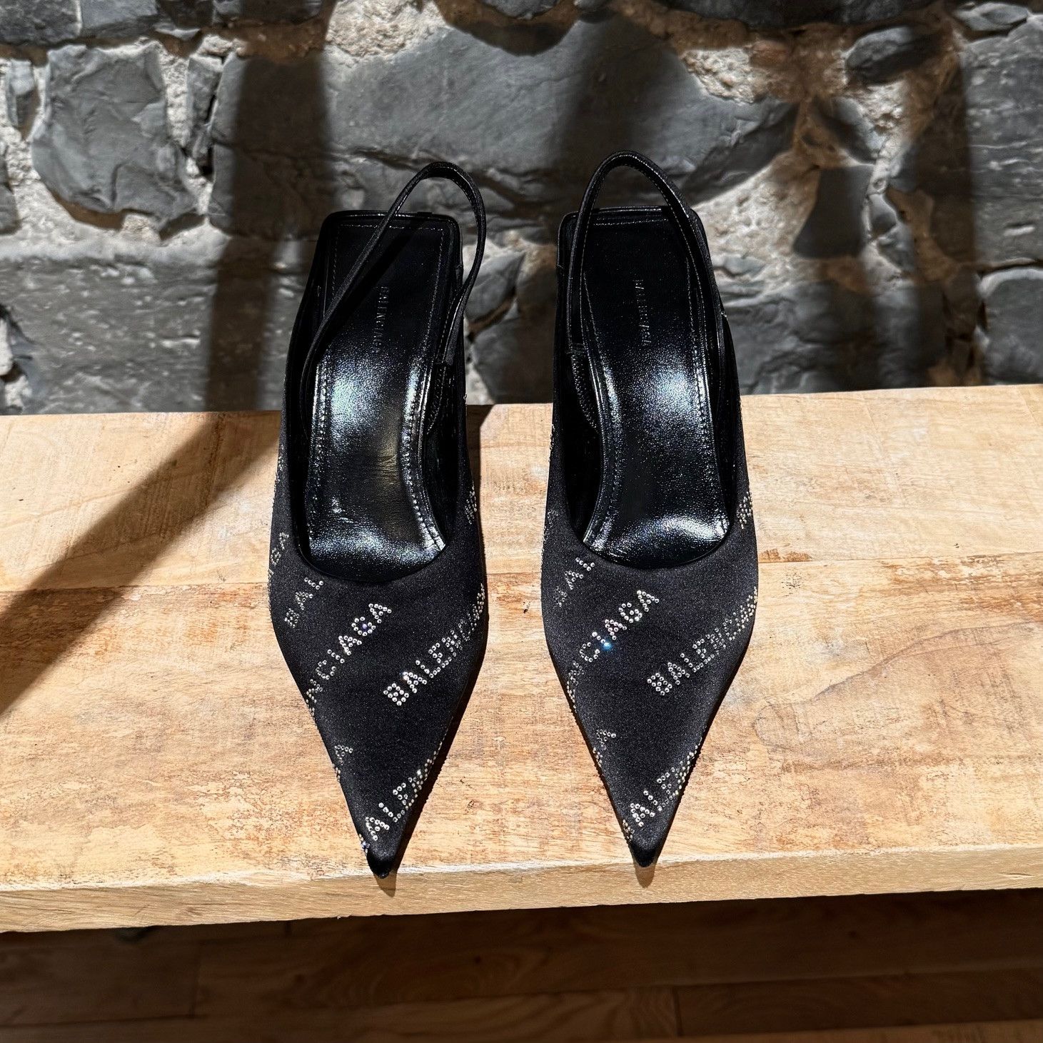 Balenciaga Balenciaga Satin Crystal Logo Slingback Square Knife Pumps Size US 6 / IT 36 - 3 Thumbnail
