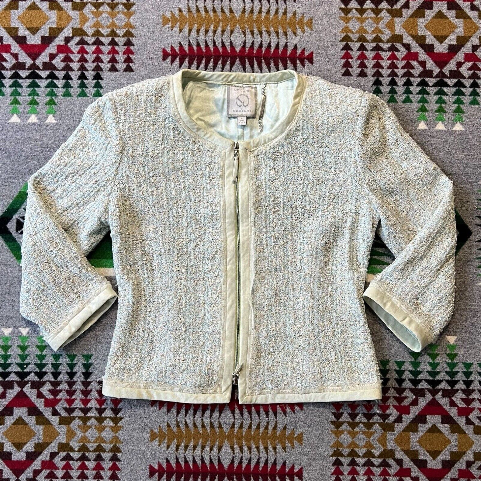 image of St John Couture Tweed Blazer Jacket Women’S Size 4 Full Zip Vintage Usa B6 in White, Women's