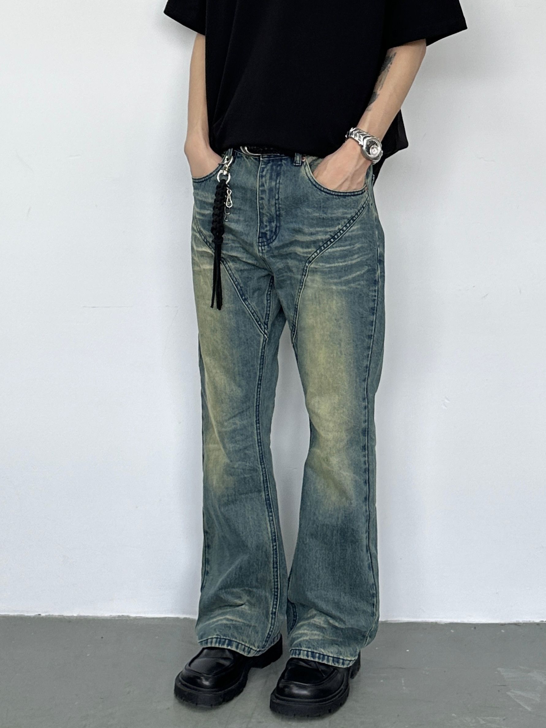 patchwork washed flared faded jeans