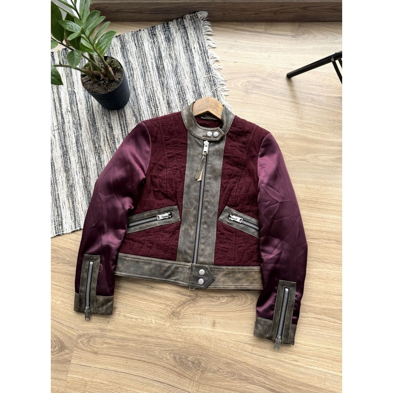 Allsaints VINTAGE AllSaints Womens Cross Biker Quilted Satin Moto Burgundy Jacket XS Size XS / US 0-2 / IT 36-38 - 2 Thumbnail