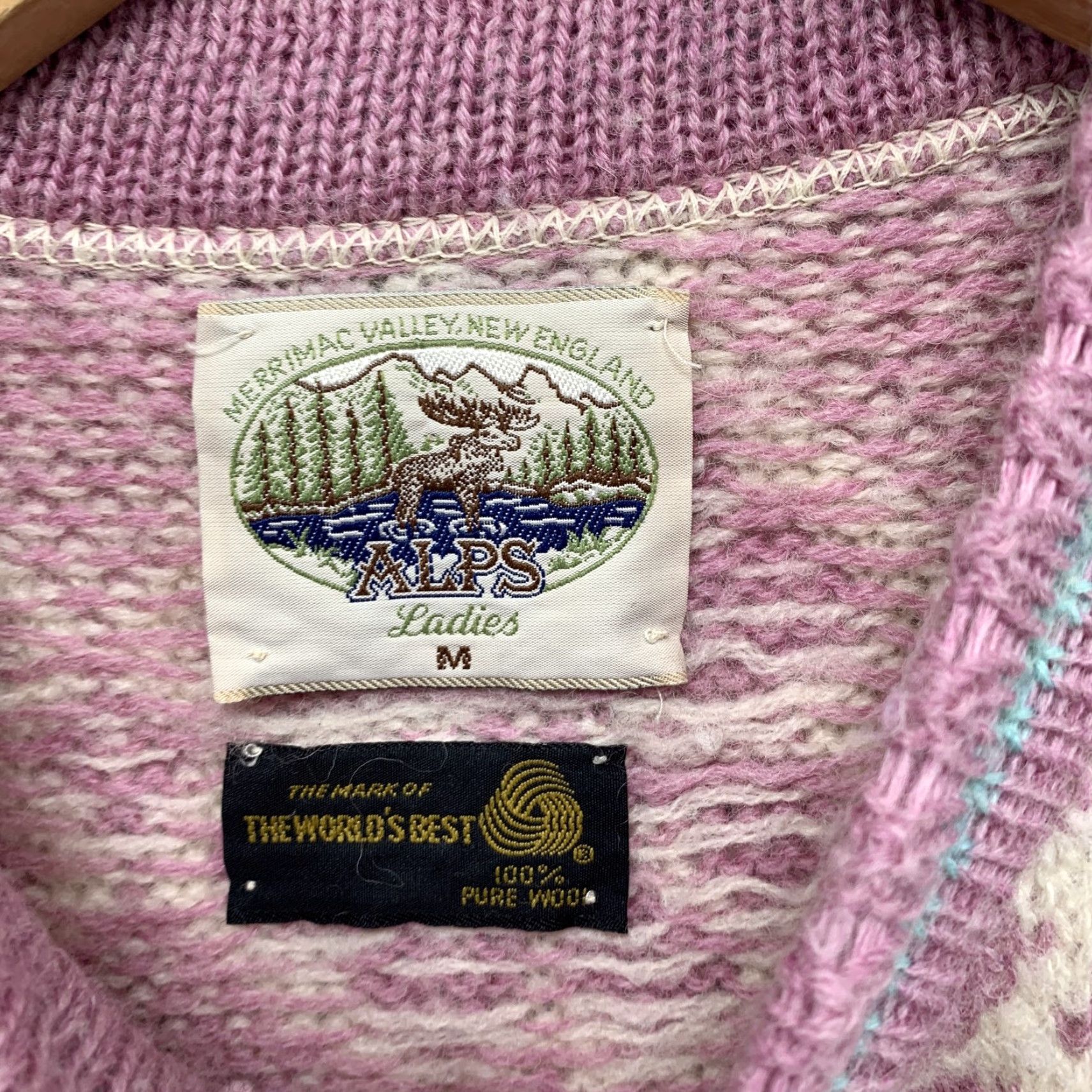 VINTAGE ALPS Mountaineering Wool Cardigan Sweater Ladies M Beige Graphic Print Collared Long Sleeve Casual Made in USA Womens