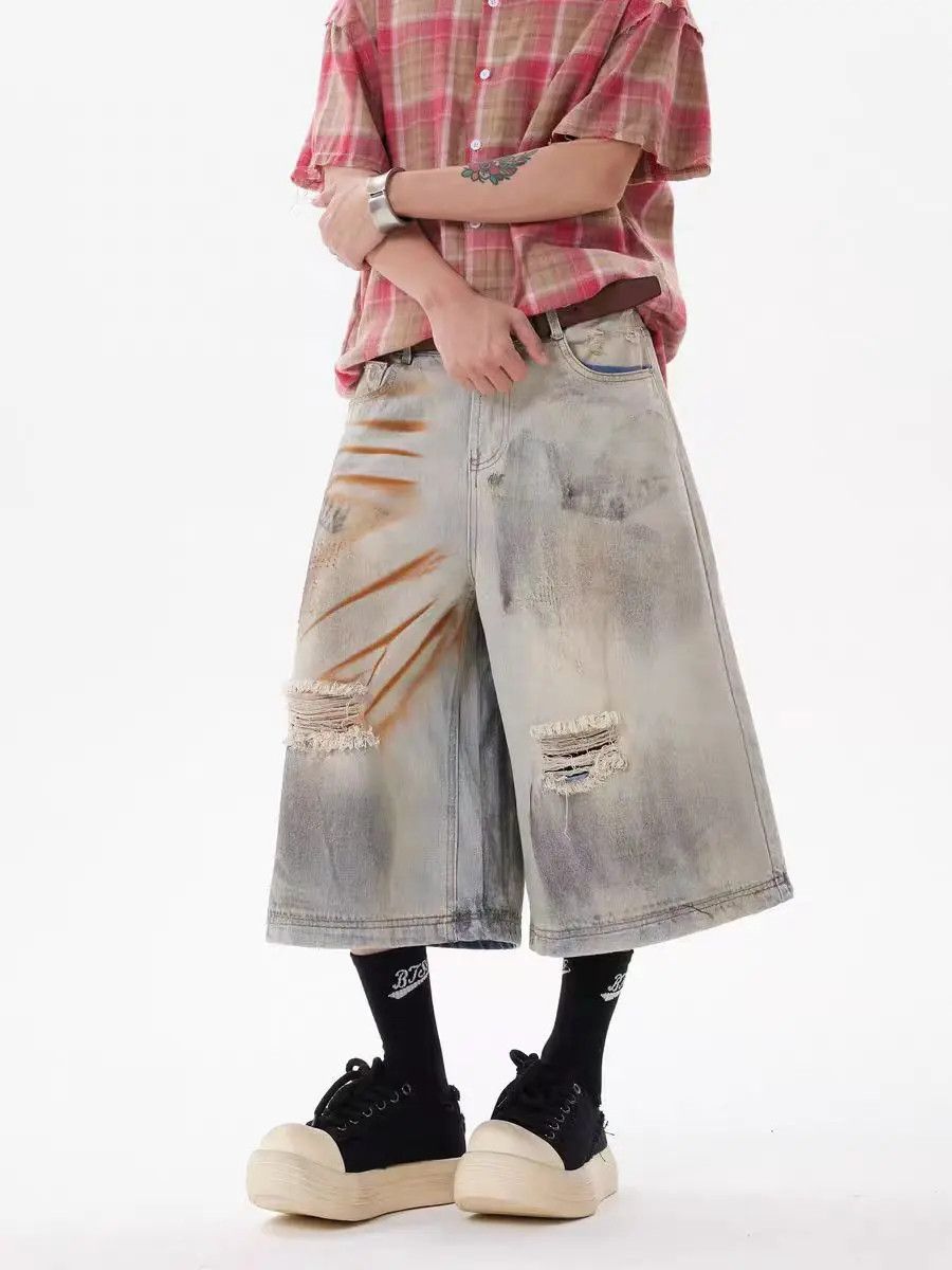 Japanese Brand × Jean Yellow clay-dyed ripped hip-hop vintage denim shorts Size US 30 / EU 46 - 2 Thumbnail